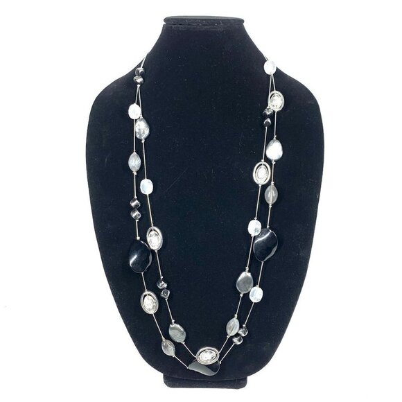 NY Beaded Double Strand Opera Length Necklace Black, Silver 17" Drop - Picture 1 of 4